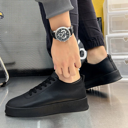 Fashion Thick Sole Black White Soft Men Leather Shoes Platform Men Casual Board Shoes Walking Sport Shoes Lightweight Work Shoes