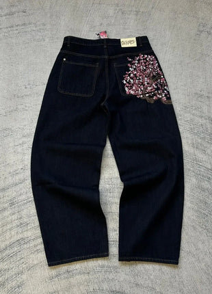 Jeans con orlo a stampa leopardata, stile casual americano anni 2000, a vita alta, gamba dritta e larga, abbigliamento femminile retrò Harajuku