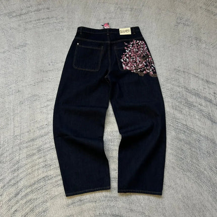 Jeans con orlo a stampa leopardata, stile casual americano anni 2000, a vita alta, gamba dritta e larga, abbigliamento femminile retrò Harajuku