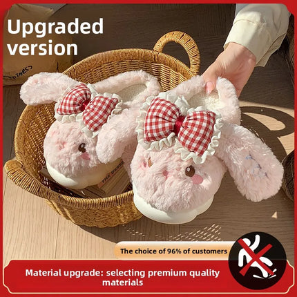 2026 New Women's Cotton Bow Bunny Slippers Winter Indoor Home Warm Household Wool Cotton Shoes Women Wear Indoor Winte