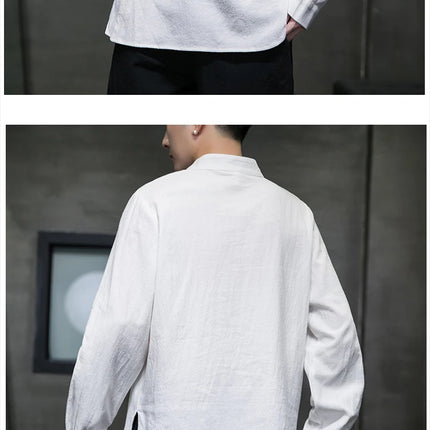 Camicie di lino in cotone Stile cinese Abito tradizionale retrò Tang Top da uomo Kung Fu Tai Chi Camicie casual a maniche lunghe in tinta unita da uomo