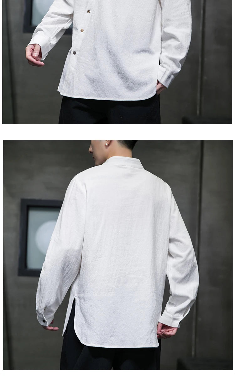 Camicie di lino in cotone Stile cinese Abito tradizionale retrò Tang Top da uomo Kung Fu Tai Chi Camicie casual a maniche lunghe in tinta unita da uomo