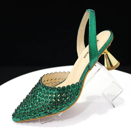 Venus Chan Pointed Toe Heels for Women 2023 Elegant Party Wine Color Full Diamond Pumps Italian Shoes and Bags Matching Set PlatiNum
