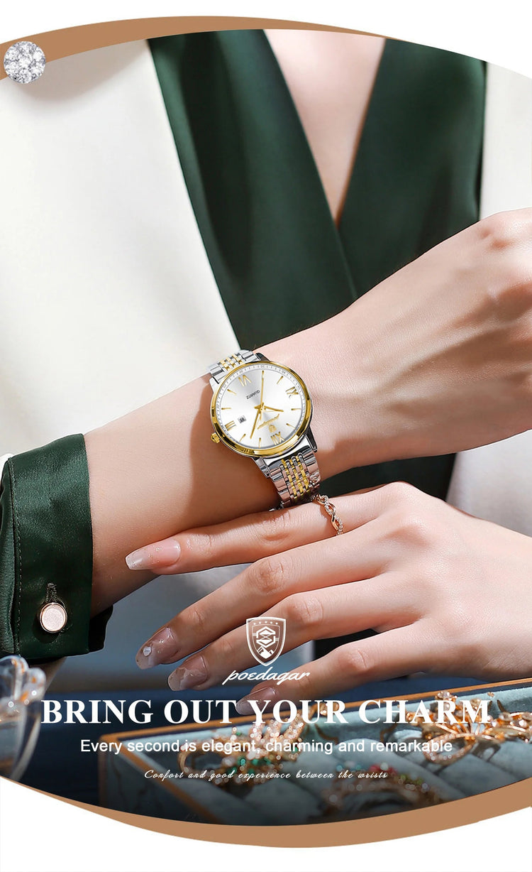 POEDAGAR Orologio da Donna Raffinato Impermeabile Luminoso con Data, Orologio da Polso Femminile di Alta Qualità in Acciaio Inossidabile, Elegante Orologio al Quarzo per Donne platinumshop
