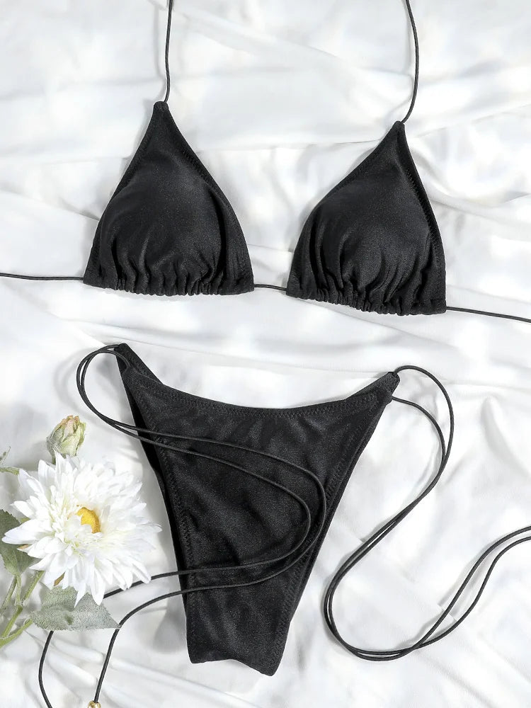 Set Bikini Triangolo Sexy Micro Thong, Costume da Bagno Donna, Biquini con Lacci, Abbigliamento da Spiaggia Stampato, Bikini Thong platinumshop