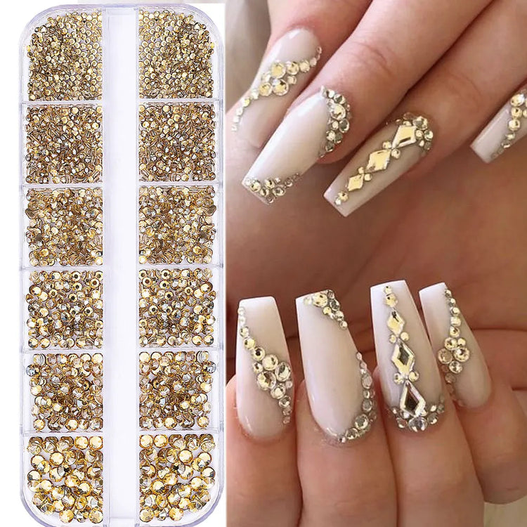 1.5mm-5mm Champagne Glass Crystal Nail Art Gems 12grids Flatback SS4-SS16 Mixed Nail Art Rhinestone Non-Hotfix Diamond Nail Deco