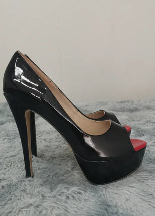 LOSLANDIFEN Women Pumps Sexy Peep Toe Platform 14cm Super High Heels Patent Leather Shoes Red Wedding Stilettos Large Size 44 PlatiNum