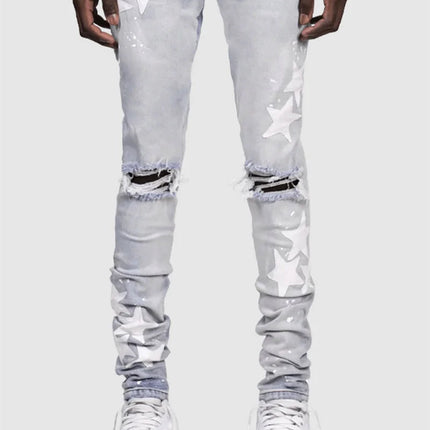 Vintage Star Print Stretch Punk Style Ripped Jeans Men's Streetwear Fashion Pocket Male Youth Daily Casual Denim Pencil Pants PlatiNum