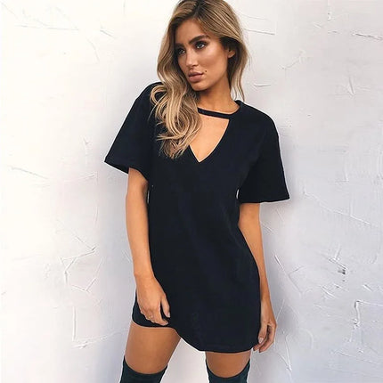 Sexy Summer Dress Deep V Neck Pleated Women Dress Hollow Out Solid Color Hanging Neck White Mini Dress
