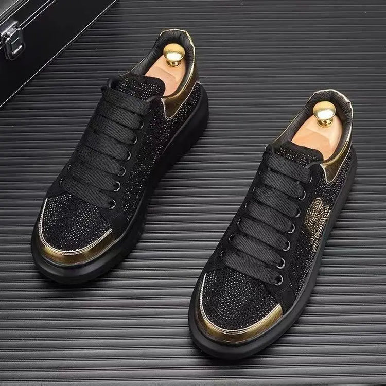 New Fashion Men's Casual Shoes Diamond Rhinestones Handmade Lace-Up Business Loafers Comfortable Breathable Walking Sneaker
