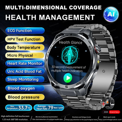 Nuovo Smartwatch 2026 con Analisi AI del Grasso Corporeo, ECG+PPG, Acido Urico, Pressione Sanguigna, Ossigeno nel Sangue, Chiamate, Schermo AMOLED per Uomini e Donne platinumshop