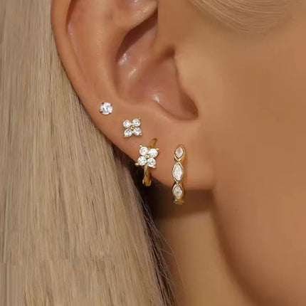 4PCS Zircon Heart Moon Flower Small Hoop Earrings Set For Women Stainless Steel Huggies Pendant Piercing Earrings Jewelry Aretes PlatiNum