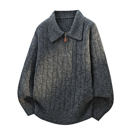 Men's  Knit Sweater Pullover Solid Color Long Sleeve Lapel zipper-Up Fall Winter Loose Warm Casual top