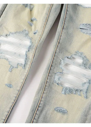Designer High Street Fashion New Light Blue Men's Jeans Stretch Slimming White Leather Patch Hip Hop Brand Pants HombreY2K PlatiNum