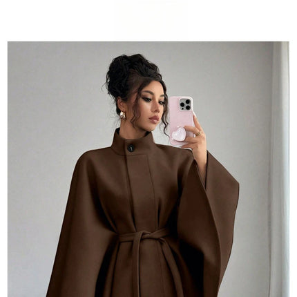 Women's Belted Wool Cape Coat High Neck Stand Collar Batwing Sleeve Loose Fit Winter Warm Poncho Outerwear 2026