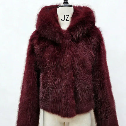 BKQU Winter Pink Imitation Fur Coat Elegant Big Fur Trim Hood Women's Jacket Warm Plush Cropped Sweet Lady Faux Fur Coat  2026