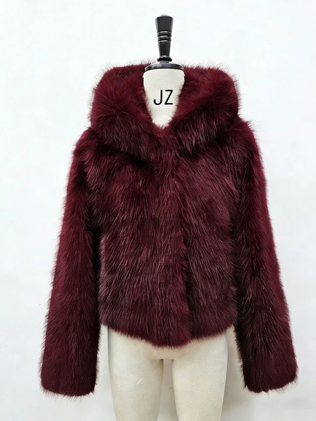 BKQU Winter Pink Imitation Fur Coat Elegant Big Fur Trim Hood Women's Jacket Warm Plush Cropped Sweet Lady Faux Fur Coat  2026