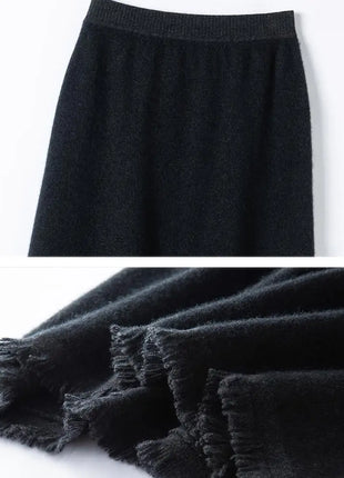Women Cashmere A-Line Tassel Skirt High Waist Office Lady Retro Autumn Winter 100% Cashmere Knitwear Graceful Regular Fit Dress