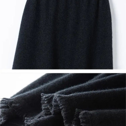 Women Cashmere A-Line Tassel Skirt High Waist Office Lady Retro Autumn Winter 100% Cashmere Knitwear Graceful Regular Fit Dress PlatiNum