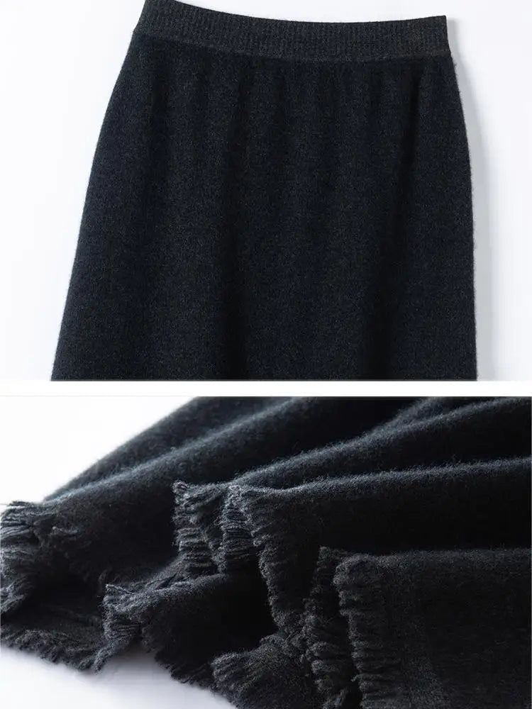 Women Cashmere A-Line Tassel Skirt High Waist Office Lady Retro Autumn Winter 100% Cashmere Knitwear Graceful Regular Fit Dress PlatiNum