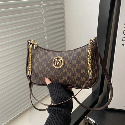 Vintage Style Handbag Crossbody Bag, Gold Letter 'M' Design Pu Leather Shoulder Messenger Bag, Synthetic Leather Tote Bag, Purse PlatiNum