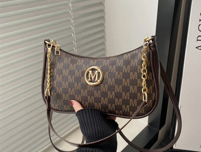 Vintage Style Handbag Crossbody Bag, Gold Letter 'M' Design Pu Leather Shoulder Messenger Bag, Synthetic Leather Tote Bag, Purse PlatiNum