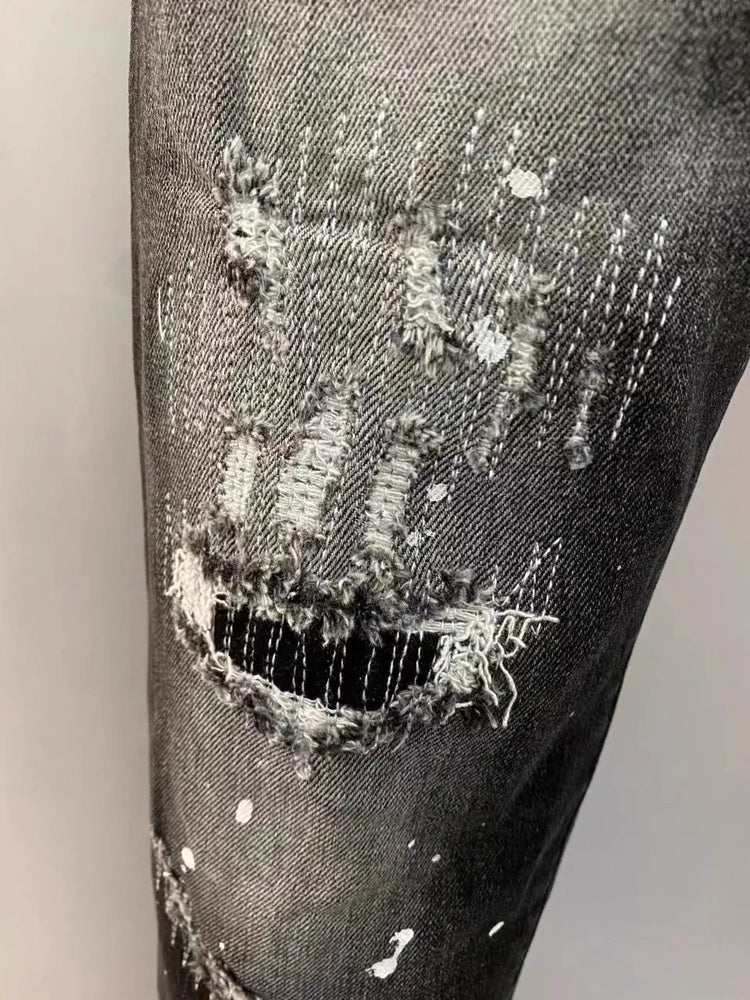 Light Luxury Washed Jeans Men's Trendy Brand Ruffian Handsome Black Ripped Patch Slim Fit Small Feet Casual Long Pants PlatiNum