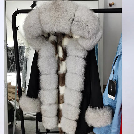 Winter Long Jacket Real Fur Coat Women Clothes Large Silver Fox Fur Collar Detachable Natural Fox Lining Parkas Leather Fur