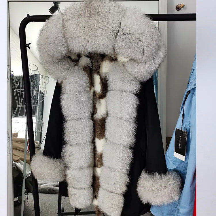 Winter Long Jacket Real Fur Coat Women Clothes Large Silver Fox Fur Collar Detachable Natural Fox Lining Parkas Leather Fur