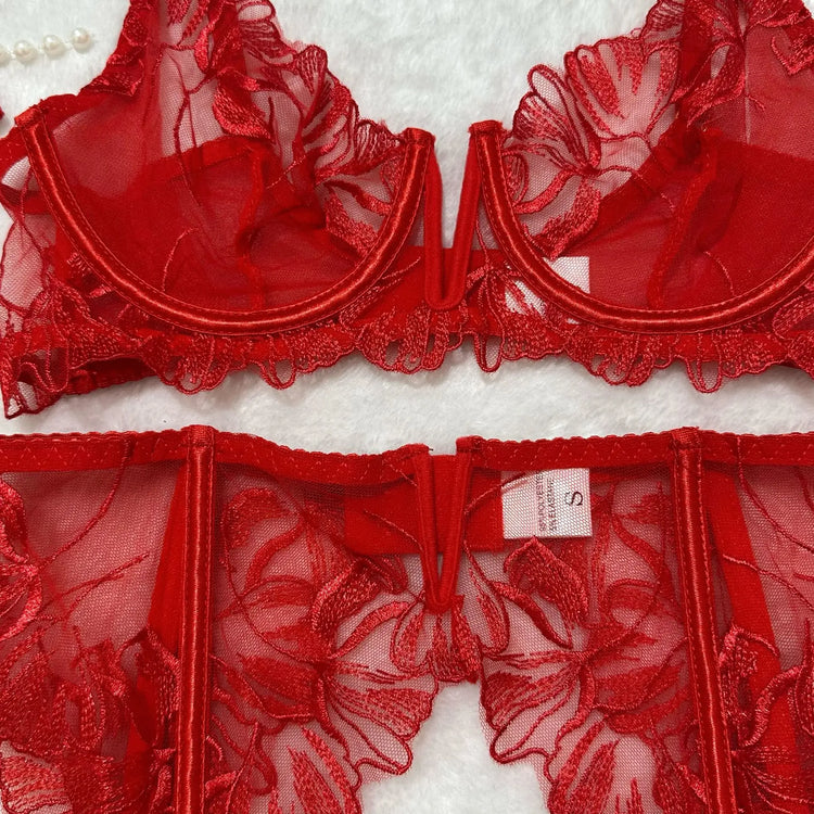 Red Lace Embroidery Bra Set 5-Piece Lingerie Comfortable Push Up Underwear