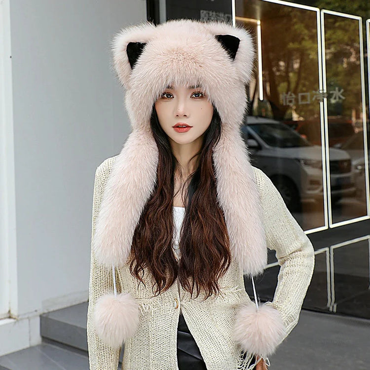 Women's Winter Hats Fox Fur Flight Hats Ushanka Hats For Women Winter Outdoor Windproof And Warm Plush Outdoor Hats For Skiing