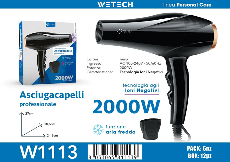 WETECH 2000W High Power Professional Hair Dryer Negative Ion Care Blow Dryer Cool Shot Function With Concentrator Nozzle Diffuser Salon Household Travel Hair Styling Tool Adjustable Heat And Speed 100‑240V Universal Voltage