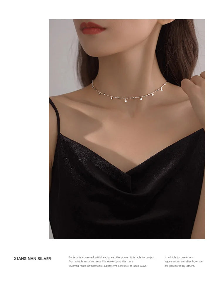 925 Sterling Silver Neck Chain Tassels Round Necklaces Women Jewelry Exquisite Elegant Aesthetic Charms Accessories Argent 925 PlatiNum