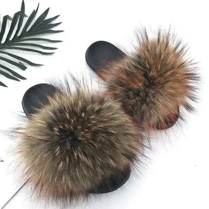 Real Raccoon Fur Slippers for Women 2023 Summer Fluffy Indoor Home Fuzzy Flat Slides Outdoor Fashion Beach Sandals Flip Flops