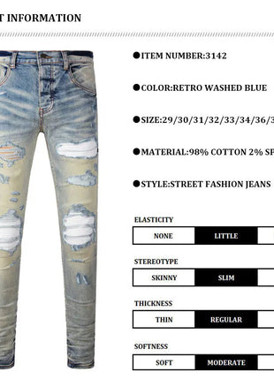 Designer High Street Fashion New Light Blue Men's Jeans Stretch Slimming White Leather Patch Hip Hop Brand Pants HombreY2K PlatiNum