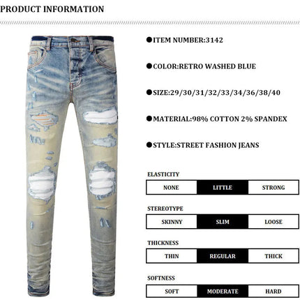 Designer High Street Fashion New Light Blue Men's Jeans Stretch Slimming White Leather Patch Hip Hop Brand Pants HombreY2K PlatiNum