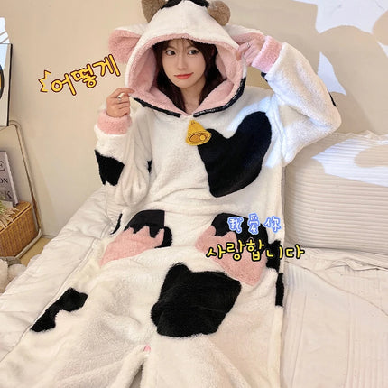 Women Onesie Kigurumis Cow Pajamas Adult Female Winter Sleepwear Zipper Hooded  Jumpsuits Thick Soft Warm Fleece Pijama Mujer