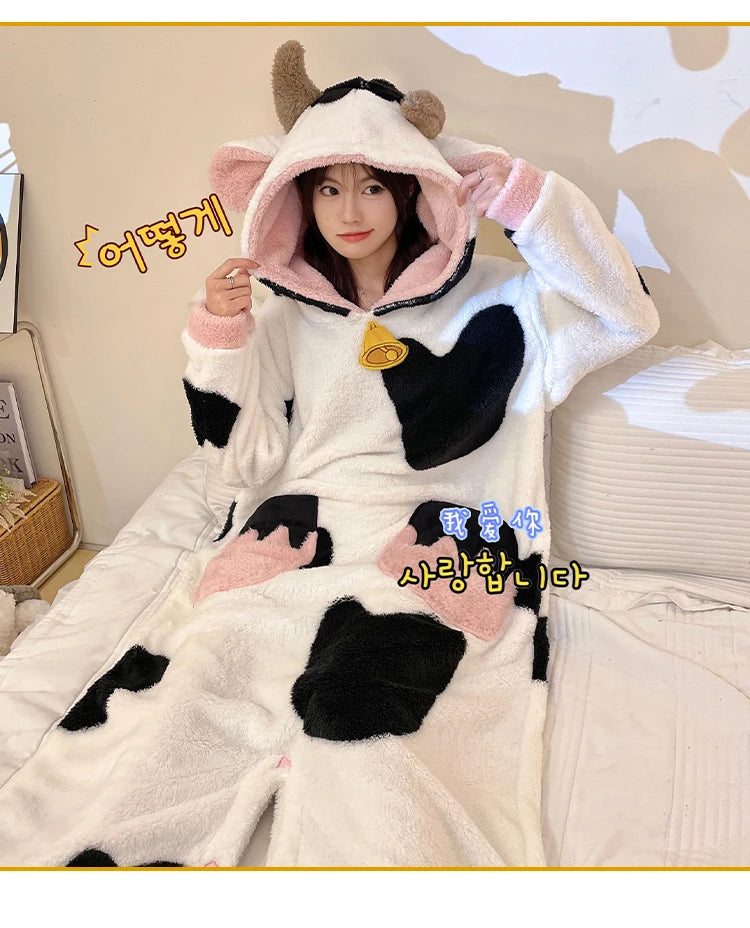 Women Onesie Kigurumis Cow Pajamas Adult Female Winter Sleepwear Zipper Hooded  Jumpsuits Thick Soft Warm Fleece Pijama Mujer