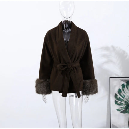 Elegant Women's Lace Up Woolen Coats Solid Full Sleeve Turn-down Collar Loose Lady Coats 2026 Autumn Winter Female Streetwear