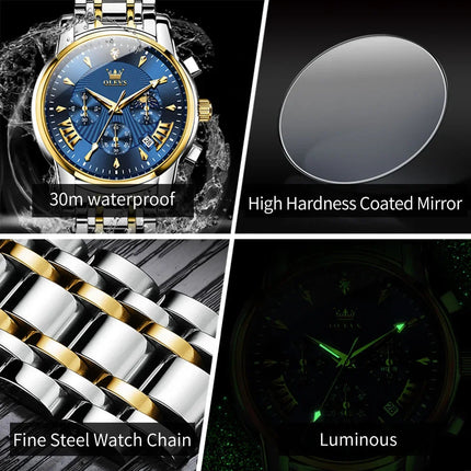 OLEVS Orologi al quarzo da uomo Orologi di marca in acciaio inossidabile Orologio sportivo impermeabile per uomo Cronografo con fasi lunari platinumshop