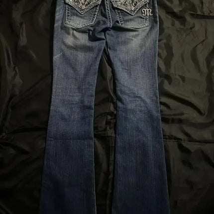 Jeans vintage streetwear Y2K Abbigliamento Donna Tasca vintage con paillettes Jeans larghi blu lavati Pantaloni slim fit a vita media