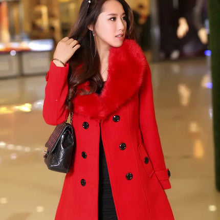 Mid Length Wool Coats Women Fur Collar Splice Blends Korean Full Sleeve Double Breasted Lace Up Belt Thick Warm Winter Jackets