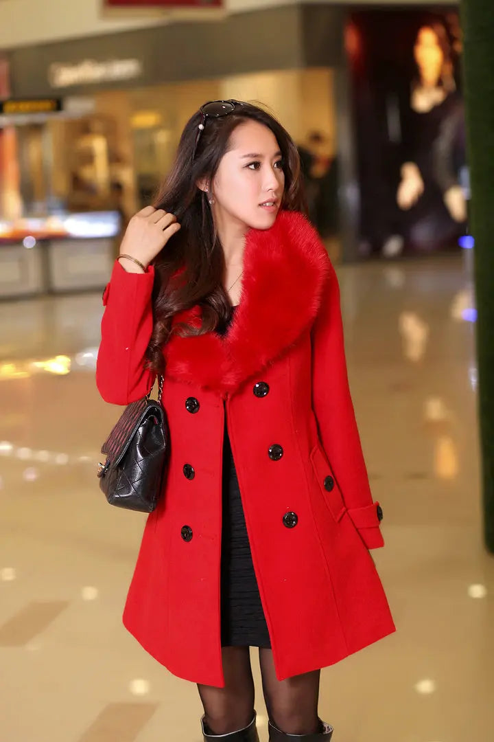 Mid Length Wool Coats Women Fur Collar Splice Blends Korean Full Sleeve Double Breasted Lace Up Belt Thick Warm Winter Jackets