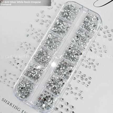LYLE 12 grids Silver White Resin Nail Art Ornaments Shiny Tiny Star Flat Back Rhinestones Irregular Nail Accessories