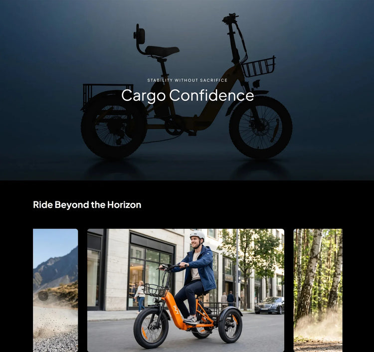 Triciclo Elettrico con Pneumatici Fat da 20*4.0 Pollici, E-bike da Carico PVY F20 con Robusto Cesto Posteriore, Motore da 1000W, Coppia di 80N.M, Forcella Ammortizzata Bloccabile, Carico Massimo 150kg