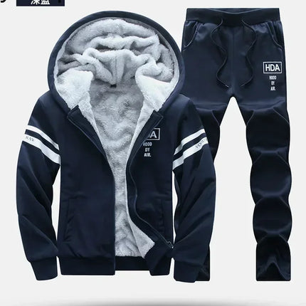 M-6XL Men's Winter 2 Piece Tracksuit Set, Thickened Warm Hooded Coat & Sweater, Outdoor Hiking Cycling Camping Running Outerwear