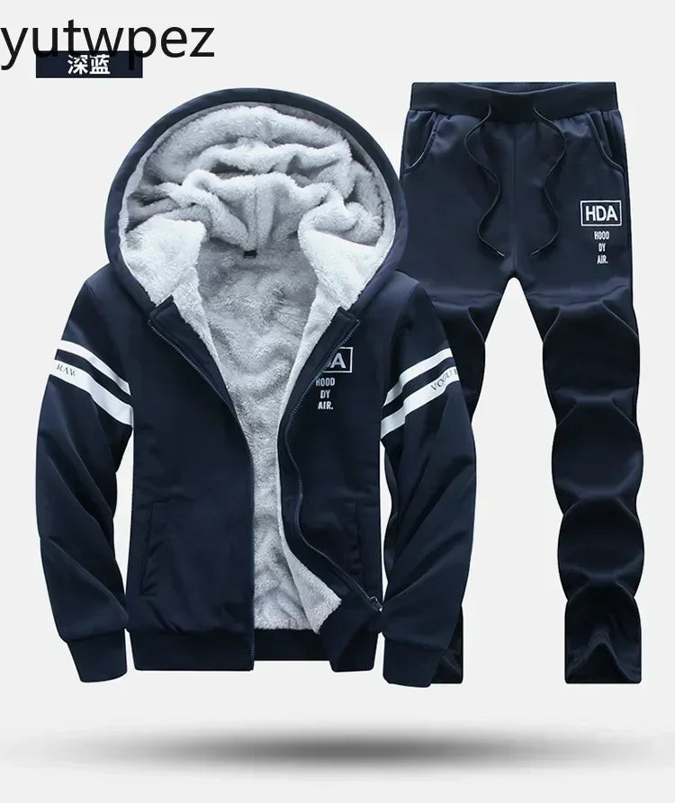 M-6XL Men's Winter 2 Piece Tracksuit Set, Thickened Warm Hooded Coat & Sweater, Outdoor Hiking Cycling Camping Running Outerwear