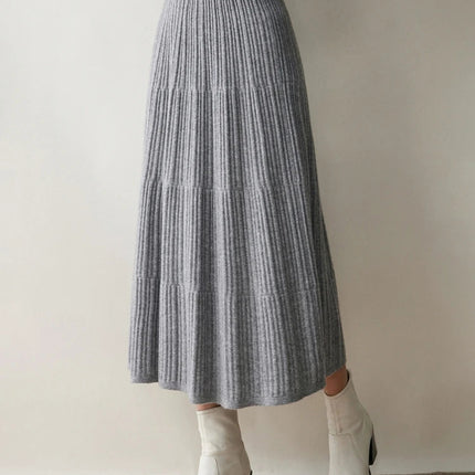 Autumn Winter Women Tiered Skirt Cashmere A-line Pleated Skirt Elastic Waist 100% Cashmere Knitted High Quality Soft Solid Dress PlatiNum