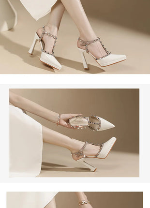 Scarpe con tacco sexy con rivetti Sandali con tacco alto da 10 cm Sandali con tacco alto da sera Sandali con tacco a spillo color nudo semplici con punta a punta platinumshop
