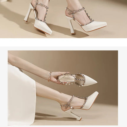 Scarpe con tacco sexy con rivetti Sandali con tacco alto da 10 cm Sandali con tacco alto da sera Sandali con tacco a spillo color nudo semplici con punta a punta platinumshop